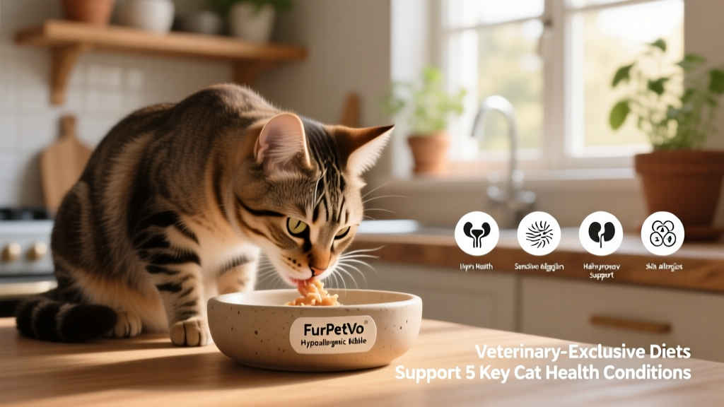 Cat eating from a shallow ceramic dish with labeled FurPetVo hypoallergenic kibble