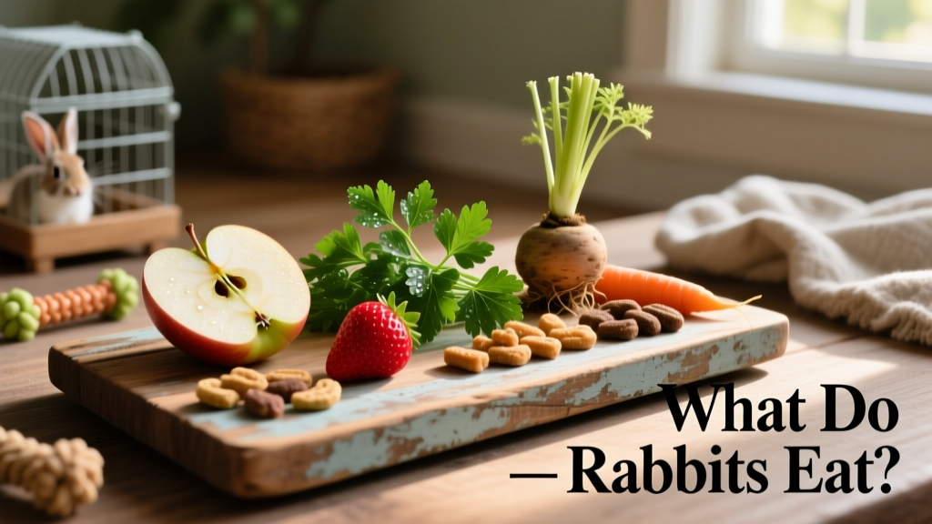 Assorted safe rabbit treats arranged on a wooden board: apple slice, strawberry, parsley sprig, and carrot top
