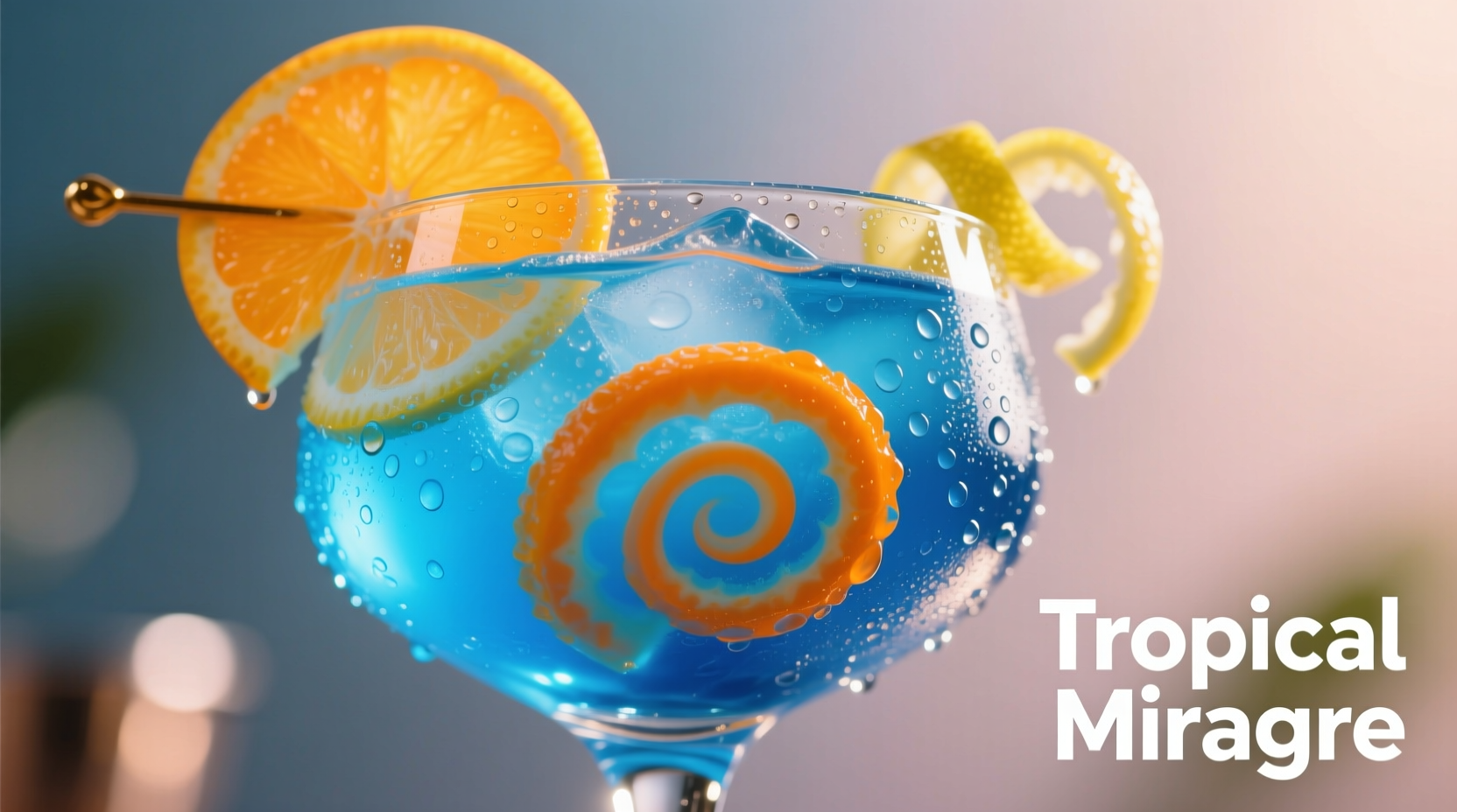 Vibrant blue cocktail with orange liqueur and citrus garnish