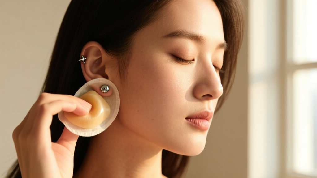 Woman holding a warm saline compress against her tragus piercing to reduce swelling before removing a titanium flat back stud.