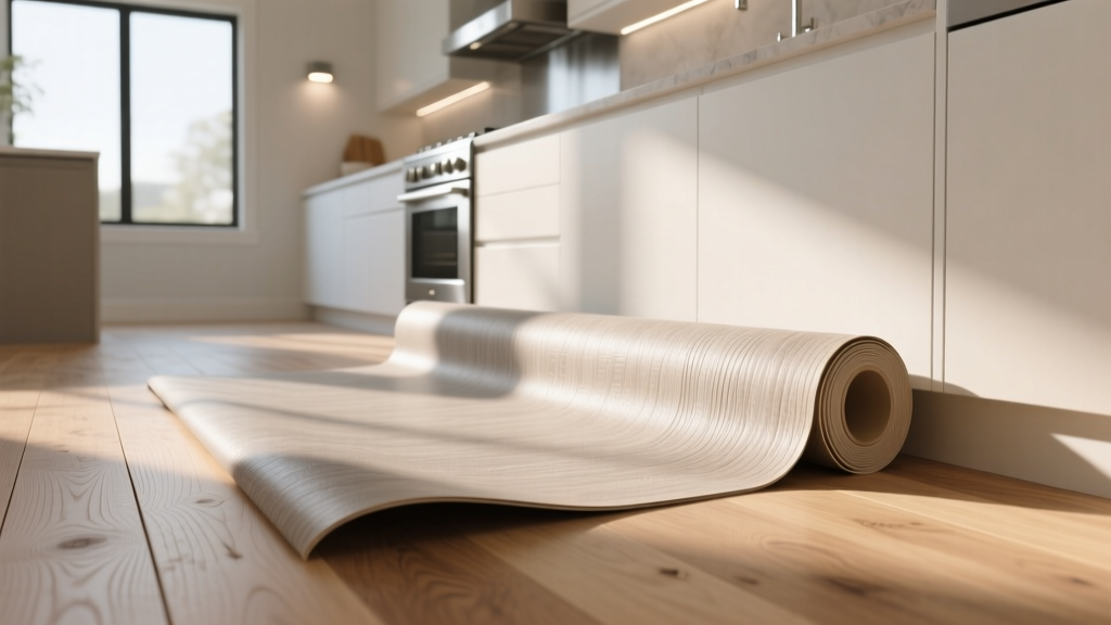 Roll of textured sheet vinyl flooring partially unrolled over a plywood subfloor in a brightly lit kitchen renovation setting