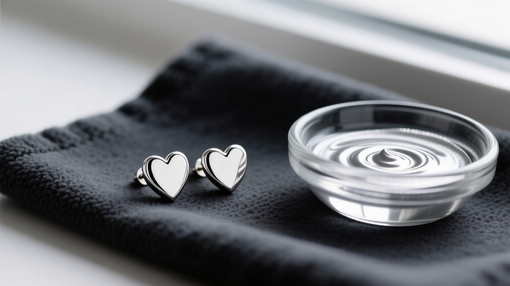 James Avery sterling silver heart stud earrings on a dark microfiber cloth beside a small glass bowl of liquid silver polish.