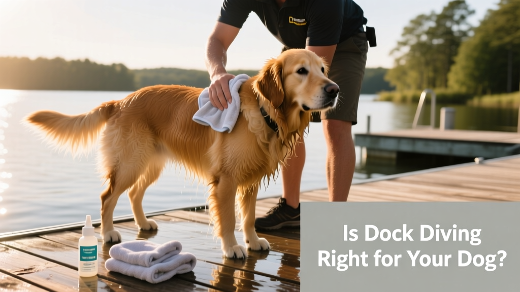 A handler gently toweling off a wet sporting dog after a dock diving session, with a bottle of ear cleaner and folded towels nearby