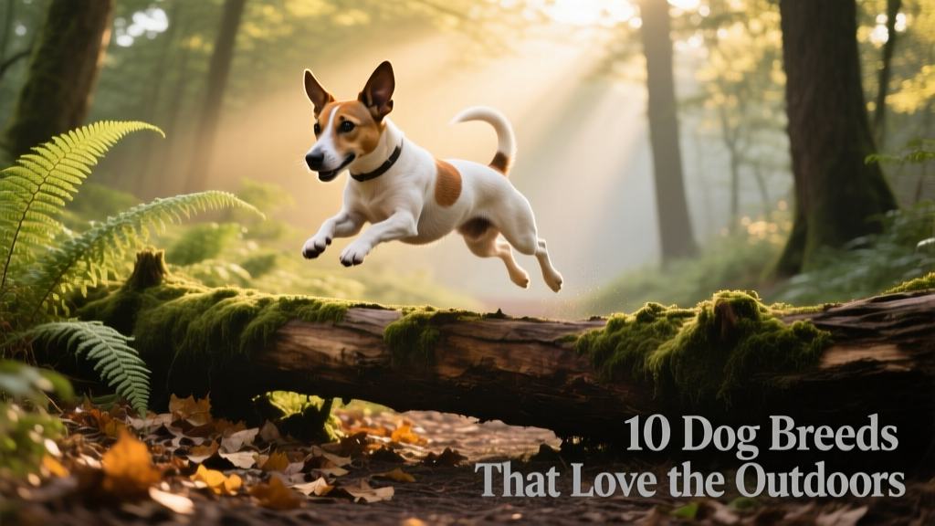 A Jack Russell Terrier confidently leaping over a fallen log on a sun-dappled forest trail
