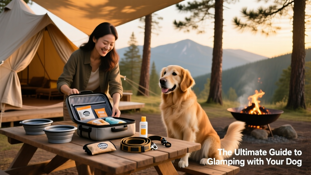 Dog owner unpacking a well-organized pet travel kit with bowls, treats, leash, and sunscreen