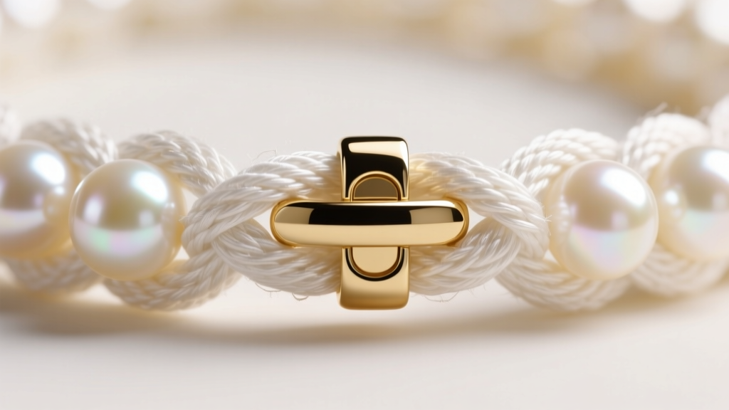 Macro photo of hand-knotted white silk thread between cream pearls, showing tight spacing and a secure 14k gold clasp mechanism