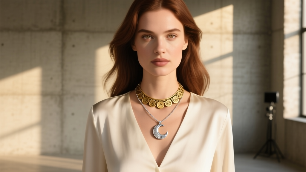 Woman wearing a layered stack with a small 16-inch silver luna pendant and a longer 20-inch gold coin necklace in natural daylight