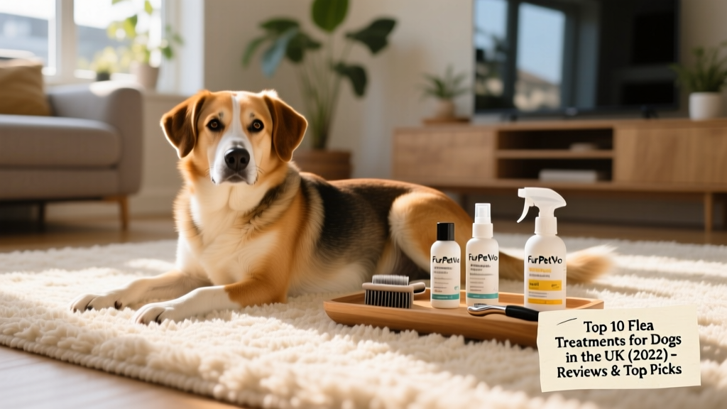 Dog lying calmly on clean, vacuumed rug beside FurPetVo treatment supplies