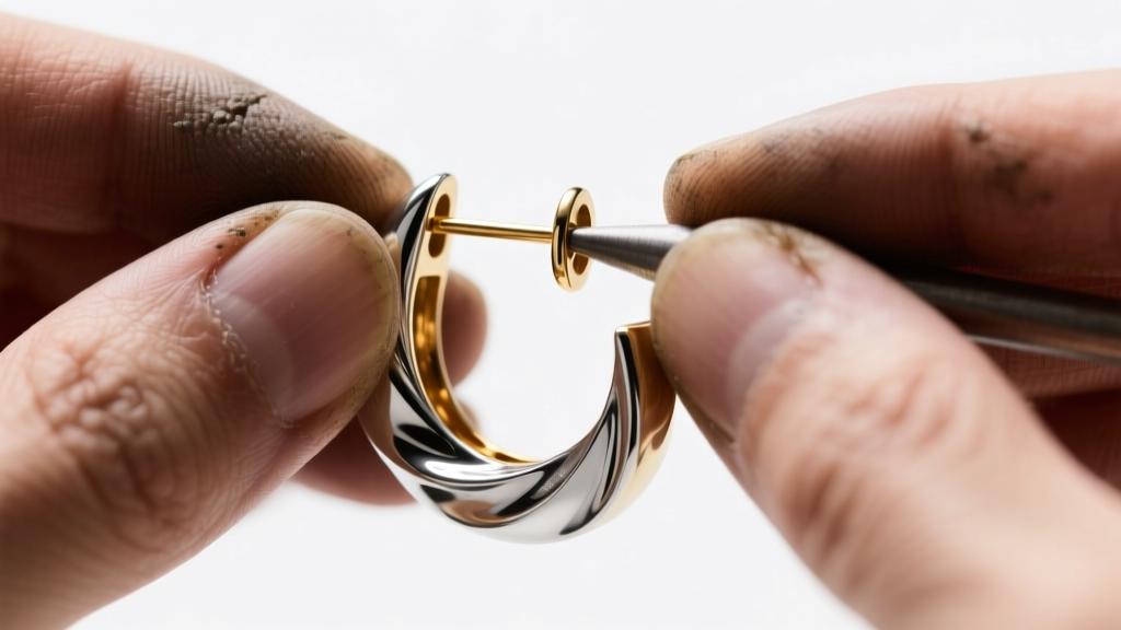 Close-up of a jeweler examining the rhodium plating thickness on a brass-base designer clamp earring under bright studio lighting