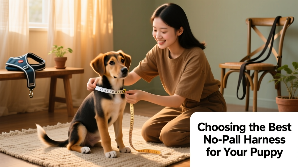 Owner measuring puppy's girth with soft tape measure while puppy sits calmly
