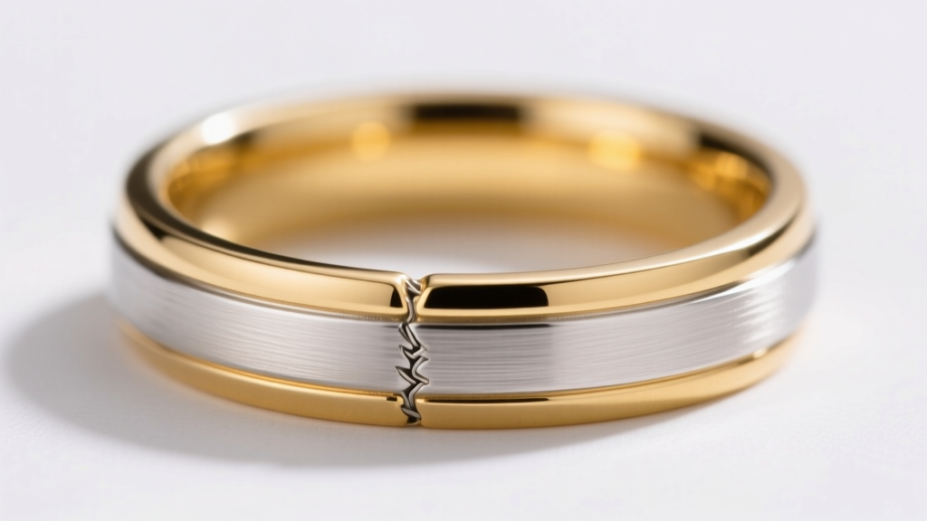 Macro shot of a two-tone ring showing the visible soldered seam between a 14k yellow gold face and a sterling silver shank.