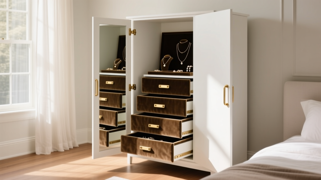 Elegant white Pottery Barn style jewelry armoire with brass hardware, open to show velvet drawers in a sunlit bedroom