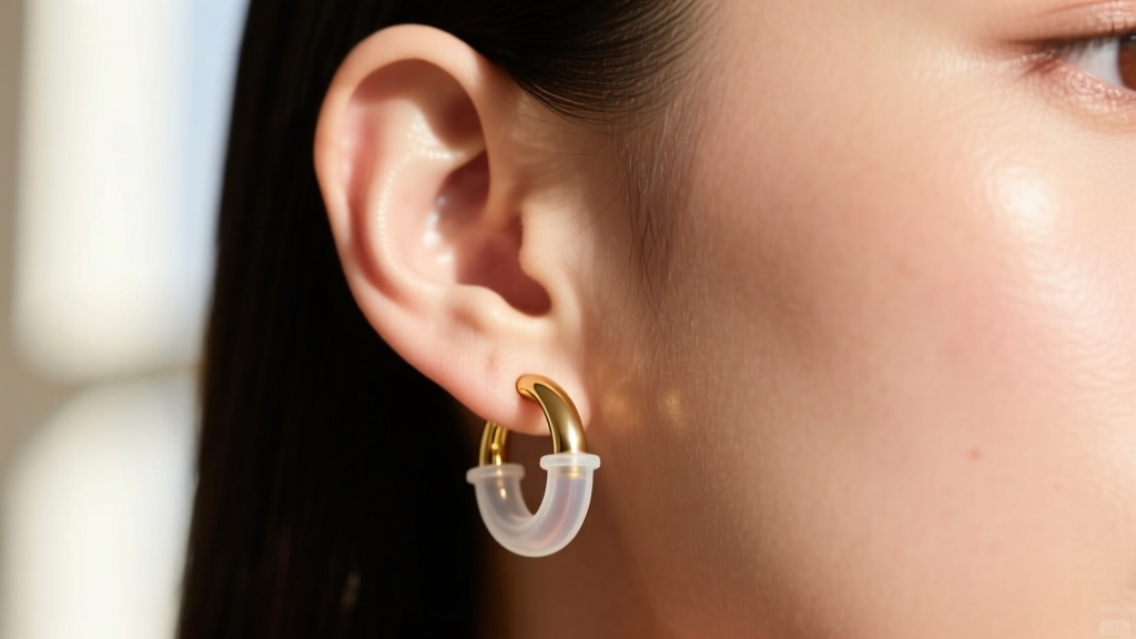 Close-up of an earlobe wearing a gold earring with a clear silicone sleeve on the post to prevent contact dermatitis and redness.