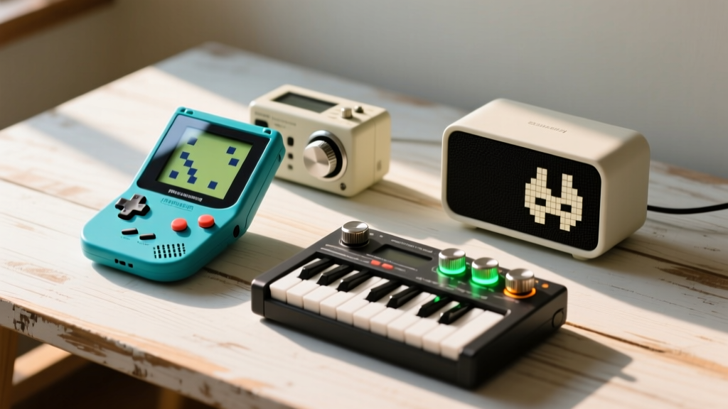 Flat lay of budget retro tech gadgets including a handheld emulator, pocket synthesizer, and pixel speaker on a wooden desk