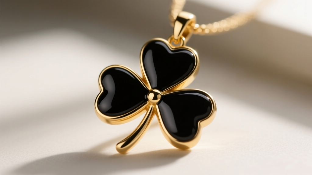 Macro photography of a clover jewelry pendant showing the seam where black epoxy resin enamel meets gold-plated brass edges.