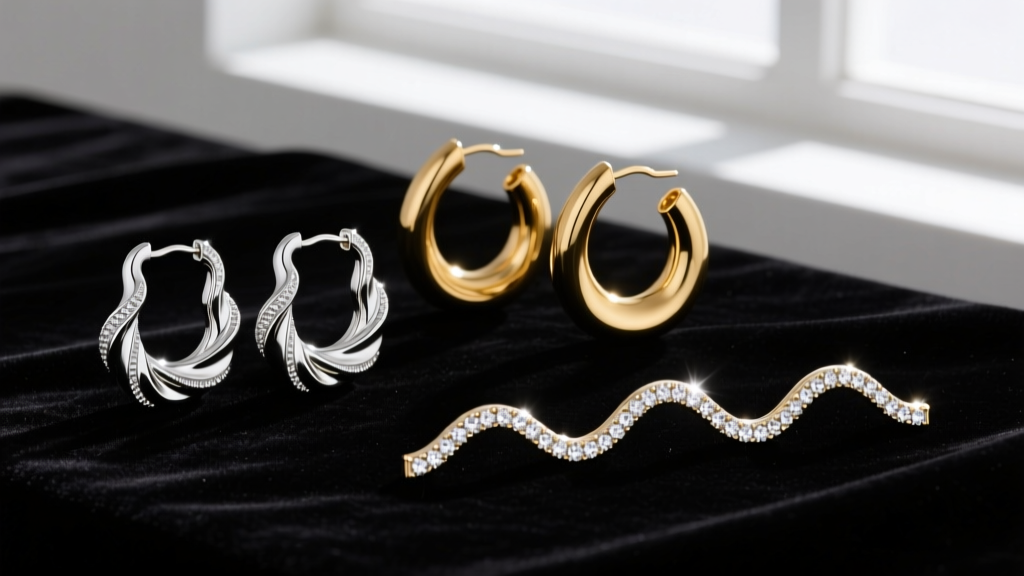 Flat lay of three wavy hoop earring styles on black velvet, showing delicate silver, chunky gold, and diamond pavé waves.