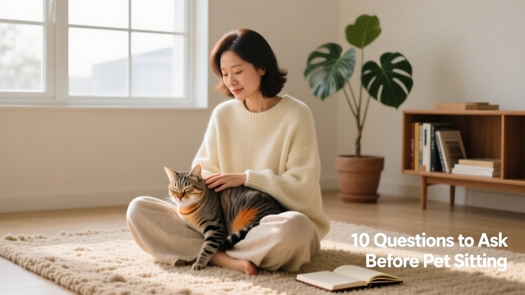 A serene indoor scene: a woman seated cross-legged on a rug, gently stroking a calm tabby cat resting in her lap