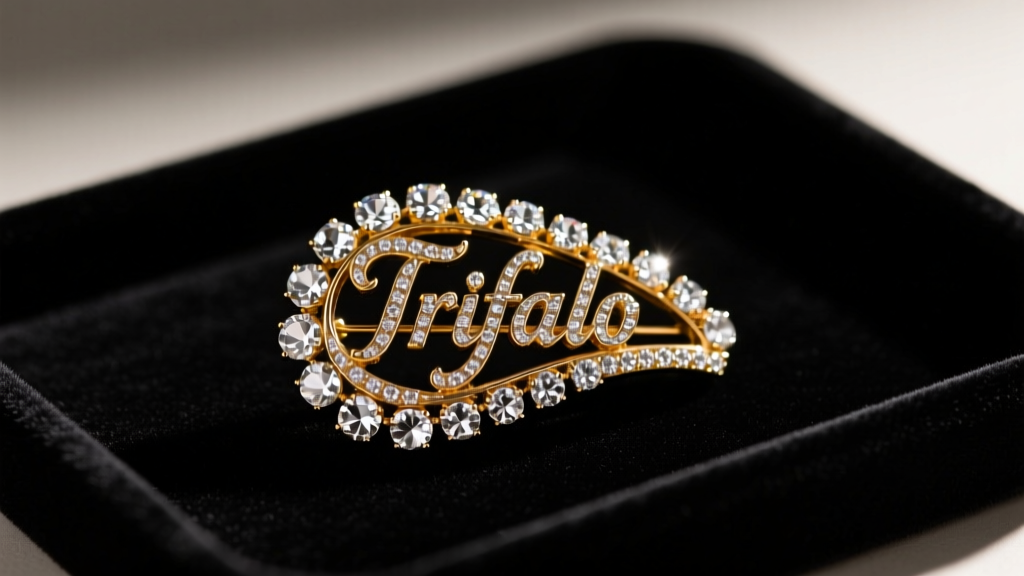 Close-up of a vintage Trifari rhinestone brooch resting on a dark velvet tray, illuminated by soft, warm directional lighting