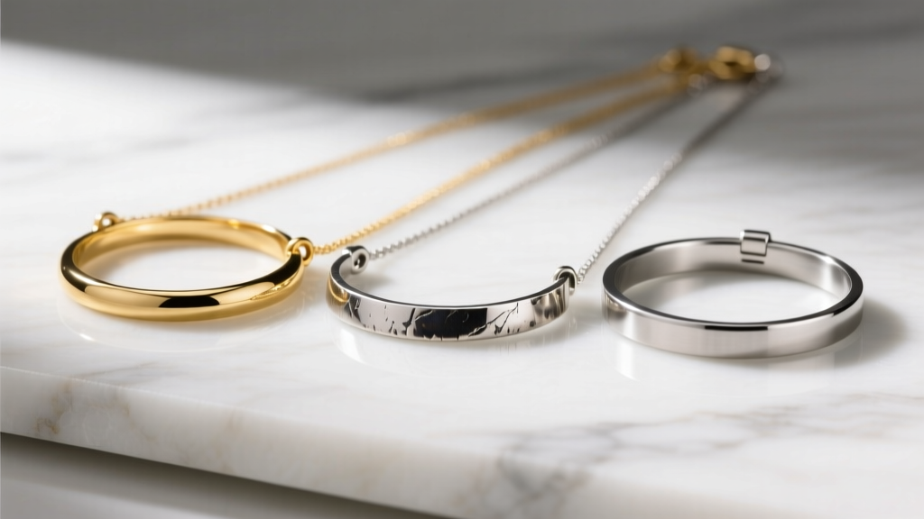Gold vermeil, oxidized silver, and surgical steel safety pin necklaces resting on white marble under bright, even studio lighting.
