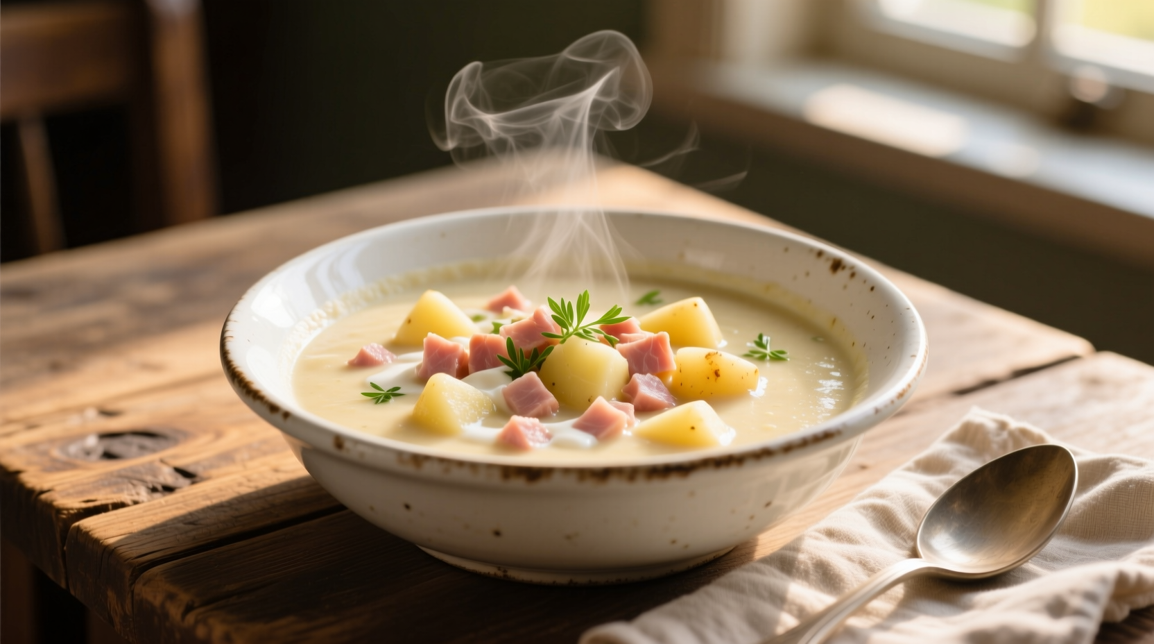 Creamy ham and potato chowder in white bowl