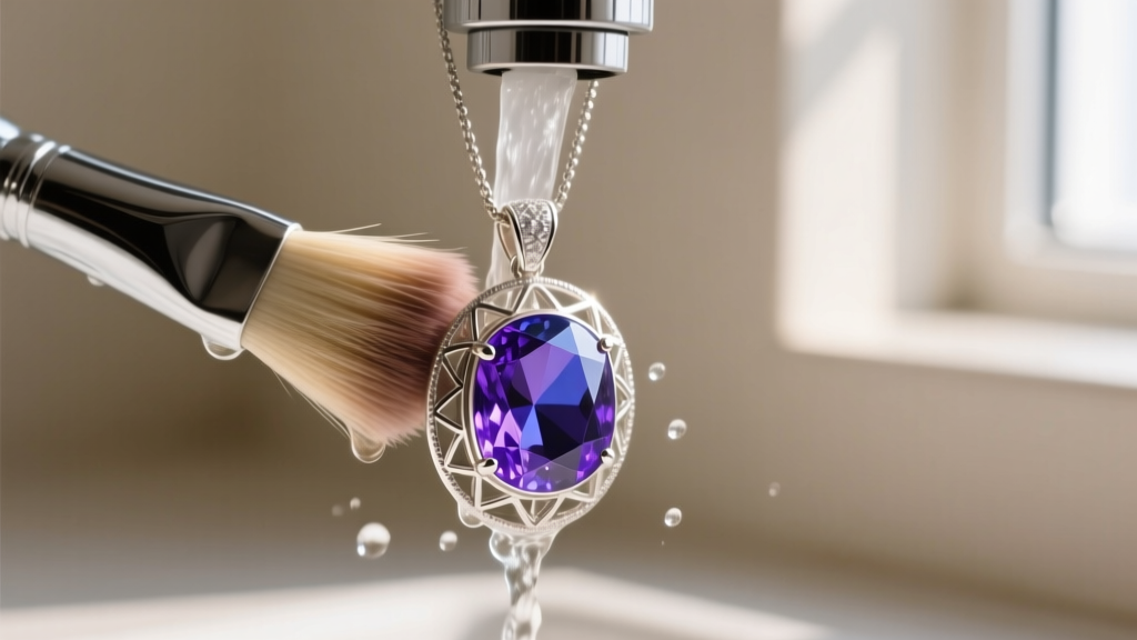 Soft-bristled brush gently cleaning a faceted tanzanite gemstone set in a silver pendant under a stream of clear lukewarm water