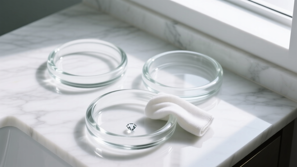 Top-down view of clear glass hoops being cleaned with a microfiber cloth and sterile saline solution on a white marble vanity.