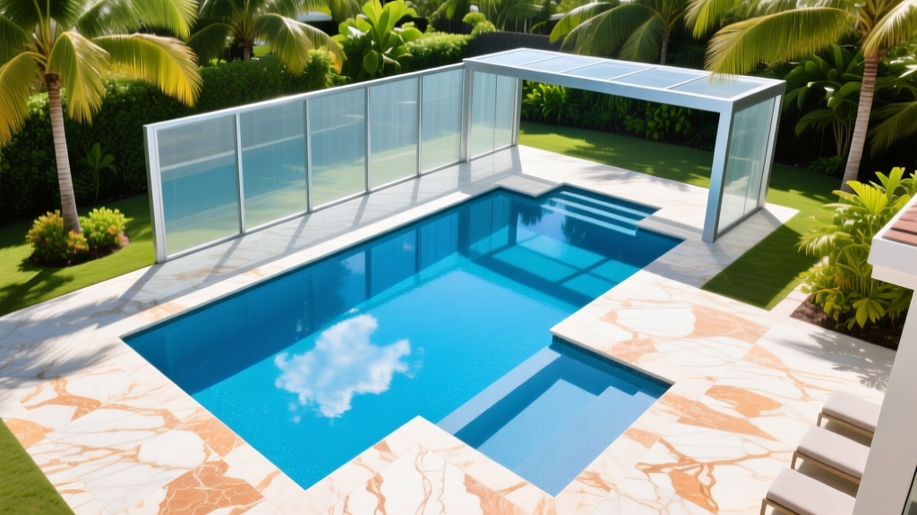 Aerial view of a new blue gunite swimming pool with travertine deck and screen enclosure in a sunny Florida backyard