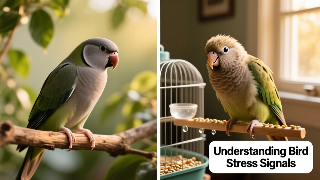 Side-by-side comparison: one image shows a relaxed bird with smooth feathers and soft gaze; another shows clear stress signals—fluffed feathers, wide eyes, and crouched posture