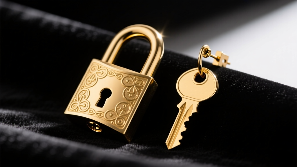 Close-up of 14k gold padlock and key earrings on dark velvet, highlighting intricate engraving and secure screw-back clasps.