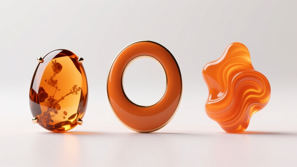 Macro shot of orange jewelry: translucent amber, opaque enamel, and vibrant poured resin side-by-side under soft studio lighting.