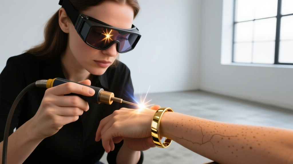 Young woman in protective welding goggles using a micro-welder to fuse a solid 14k gold permanent bracelet onto a client wrist