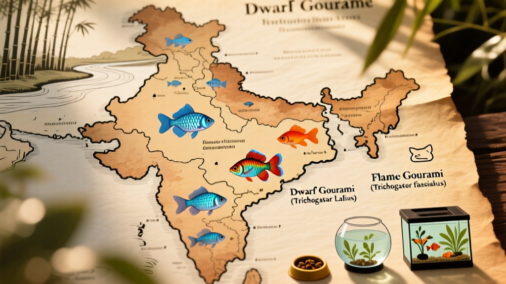 Map highlighting the native range of dwarf gouramis across northeastern India and Bangladesh
