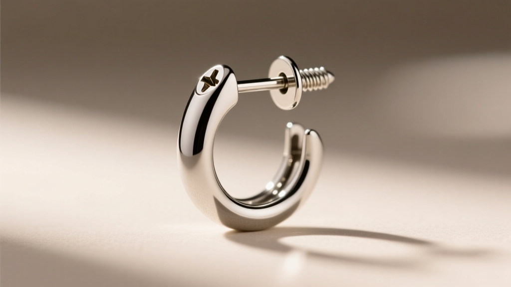 Close-up of a silver screw-back clip earring showing the threaded post and tension screw against a blurred neutral backdrop.