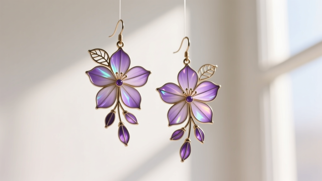 Macro photo of plique-à-jour enamel wisteria earrings with translucent purple stained-glass petals illuminated by soft natural light