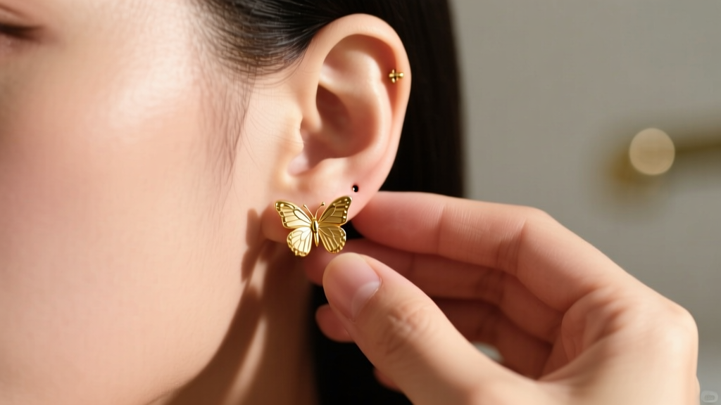Hands gently gripping a small gold butterfly earring clutch on a pierced earlobe under soft, warm, natural bathroom lighting.
