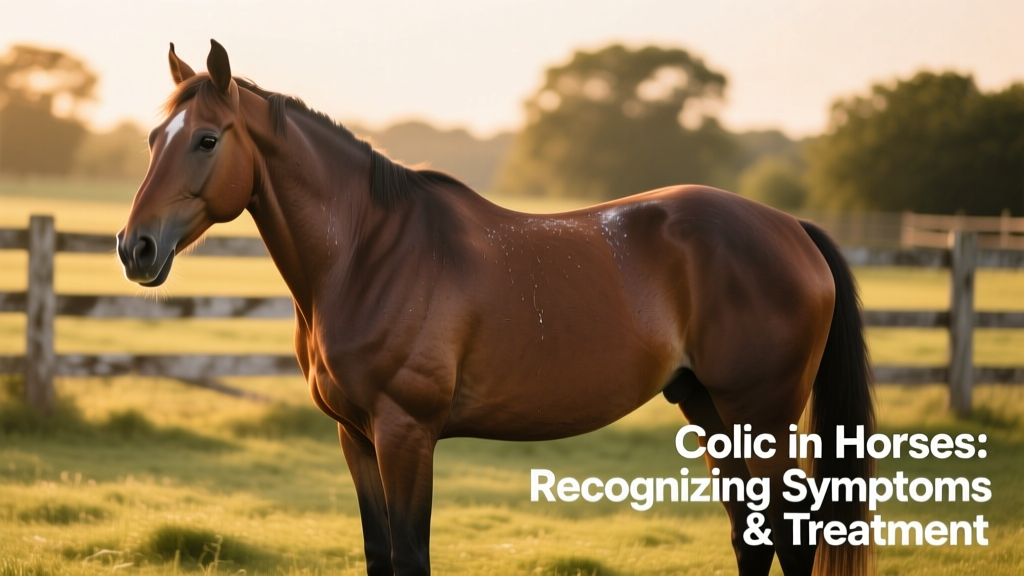 Horse standing restlessly in a paddock, head turned toward its flank
