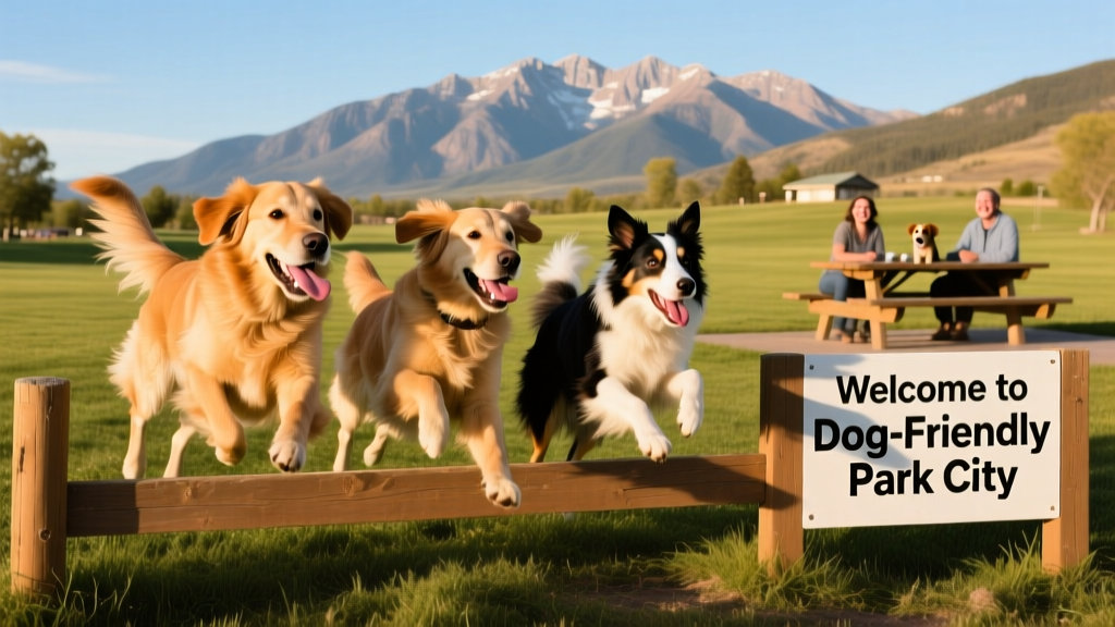 Three dogs playing together in a grassy, open dog park in Park City