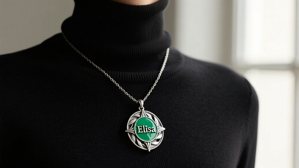 Oxidized silver and green enamel Elisa medallion necklace over a dark turtleneck, showing the moody mixed-metal jewelry trend.