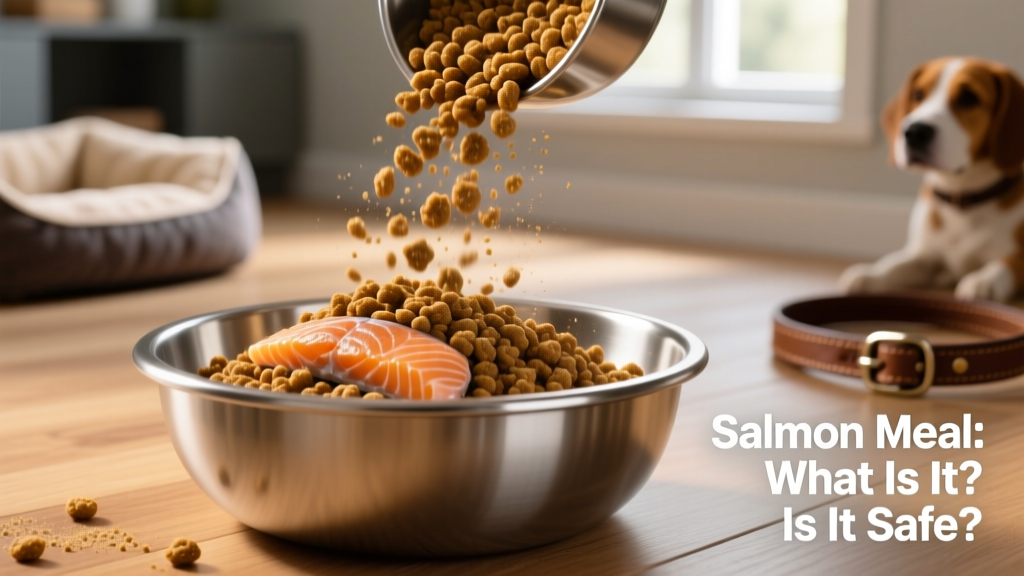 Close-up of golden-brown salmon meal granules in a stainless steel bowl