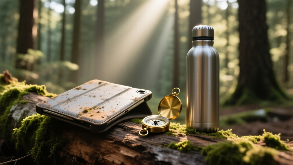 A rugged tablet case covered in trail dust resting on a mossy log next to a compass and a metal water bottle in a sunlit pine forest.