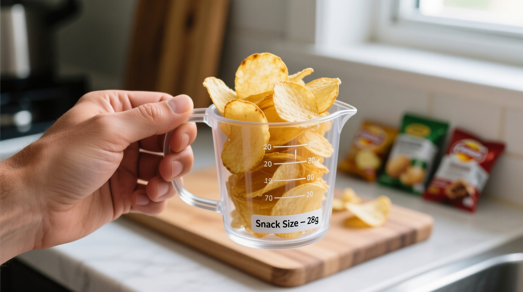 Hand holding measuring cup with potato chips