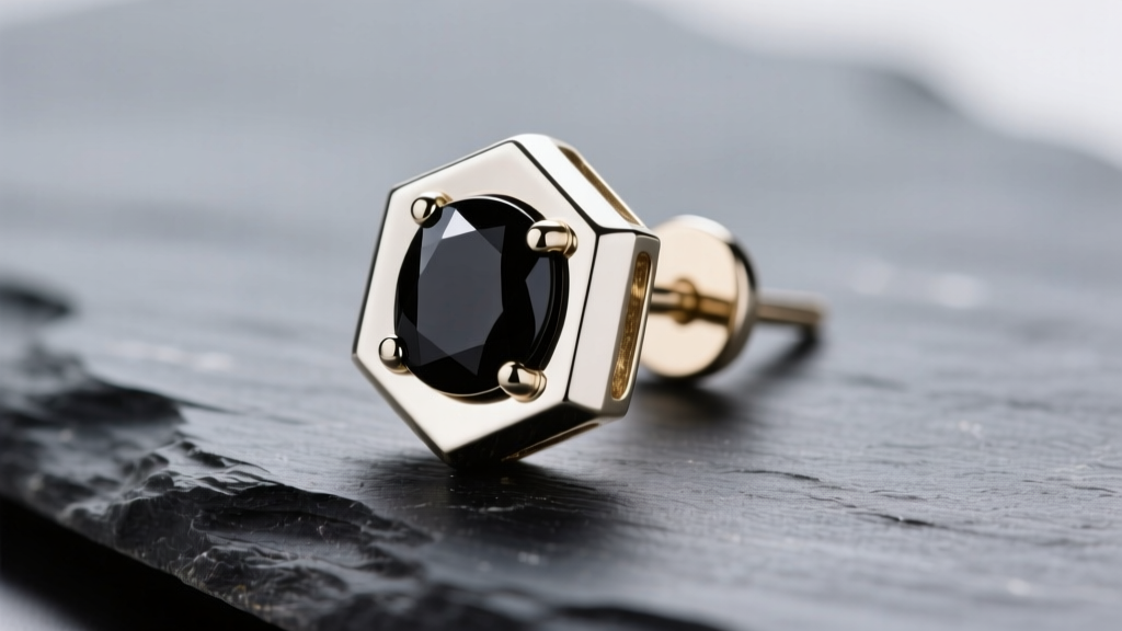 Macro photo of a geometric stud earring with polished 18k white gold framing a deep black onyx inlay, resting on dark slate stone.