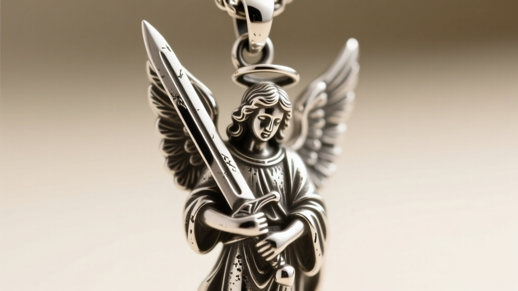 Macro shot of a sterling silver Archangel Michael pendant holding a tiny sword, showing oxidized texture against soft light