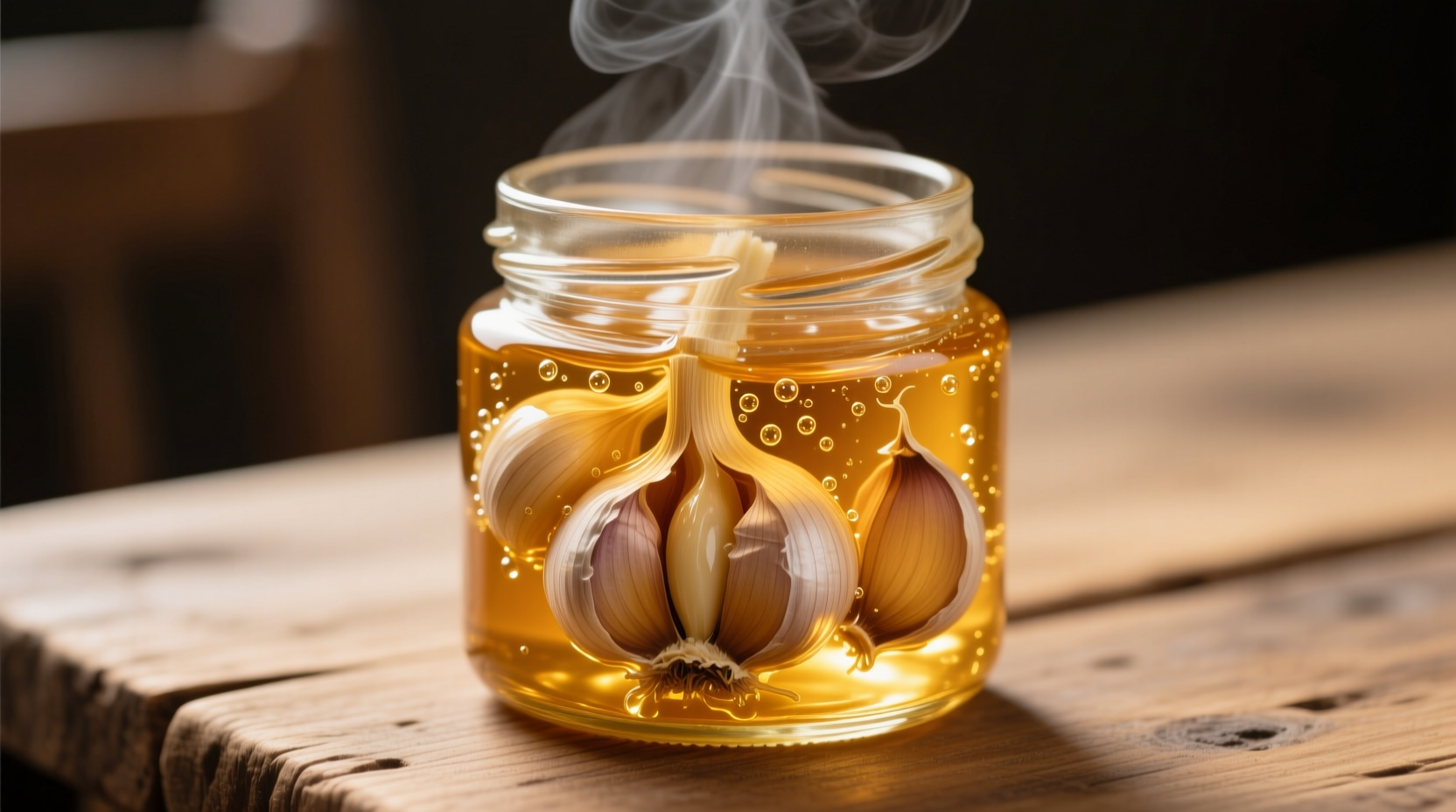 Glass jar of fermented garlic in golden honey