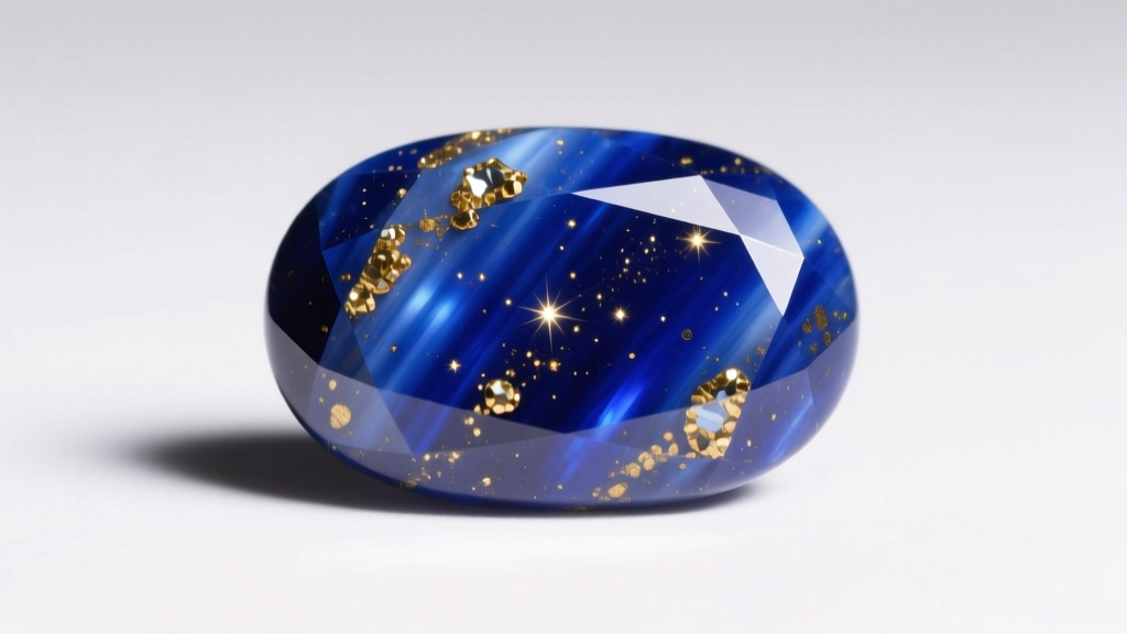 Macro photography of a high-grade Afghan lapis lazuli cabochon showing deep blue color with distinct golden pyrite inclusions.