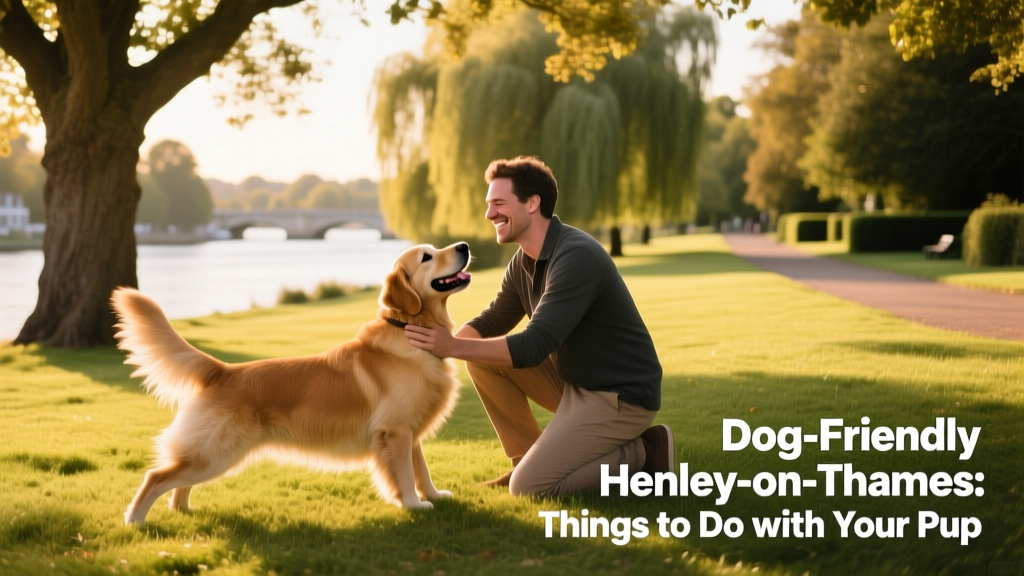 A pet parent and their dog enjoying a sunny afternoon at a grassy, tree-lined park in Henley-on-Thames.