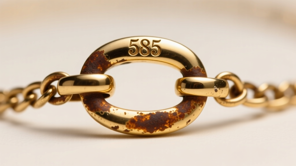 Macro shot of a vintage gold necklace clasp showing a 585 hallmark and tarnished spring ring mechanism under bright studio light