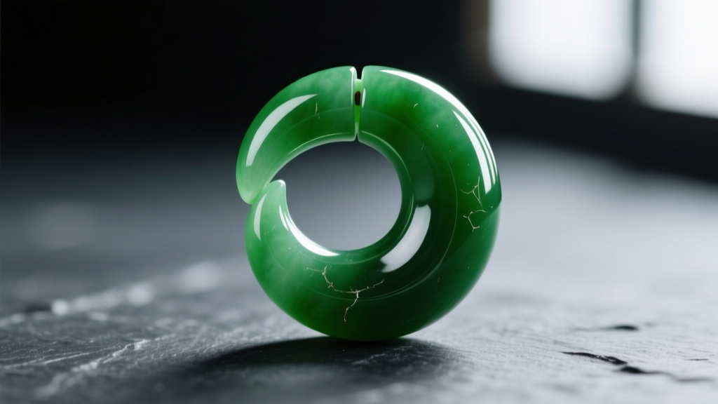 Polished green nephrite jade magatama bead on dark slate, showing its curved comma shape and polished surface in soft natural daylight.