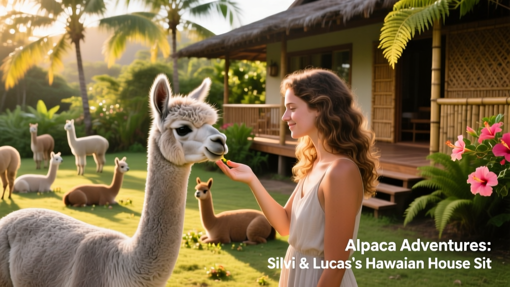 Silvi gently hand-feeding Dorothy, the elderly alpaca, while others graze peacefully nearby