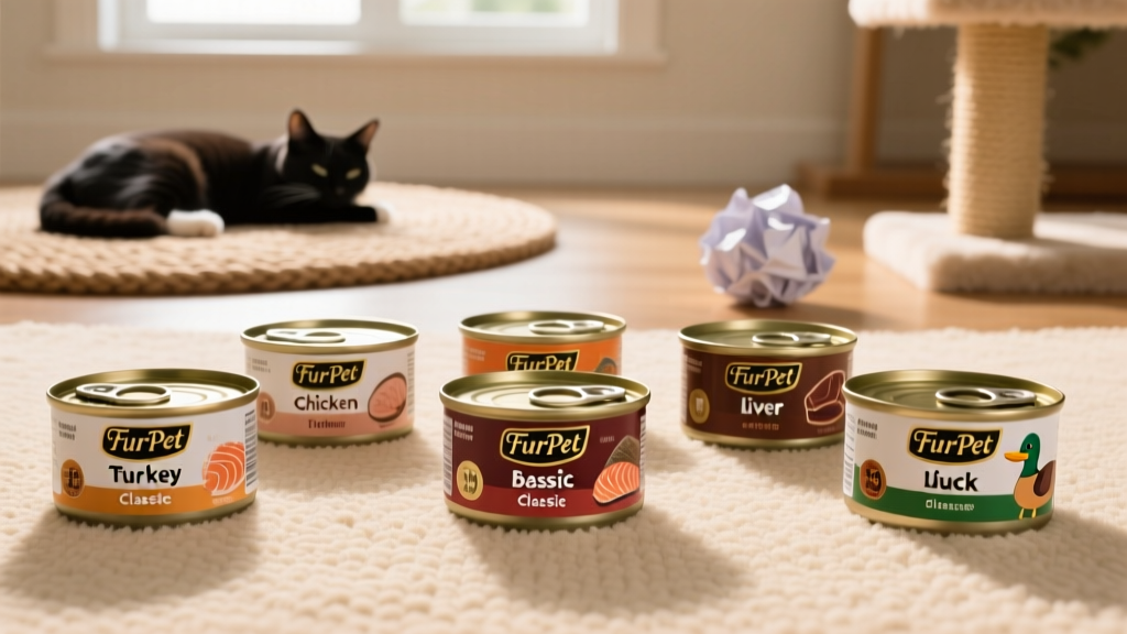Assorted cans of FurPetVo Fancy Feast Classic Pate in different flavors arranged neatly on a clean surface